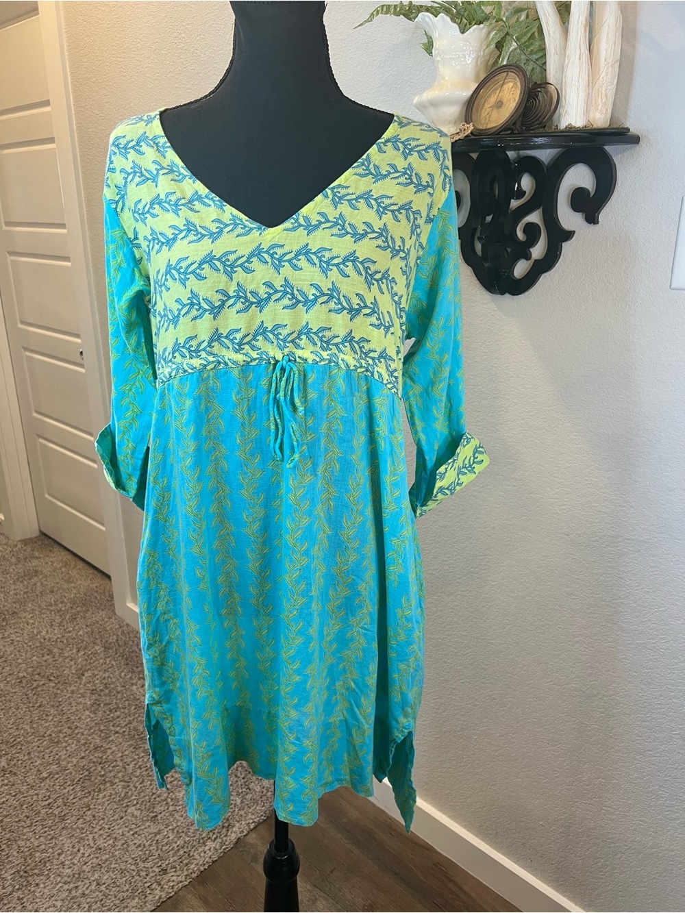 GRETCHEN SCOTT DESIGNS Lime Green Aqua Coastal Preppy Swim Cover‎ Up Dress As Is